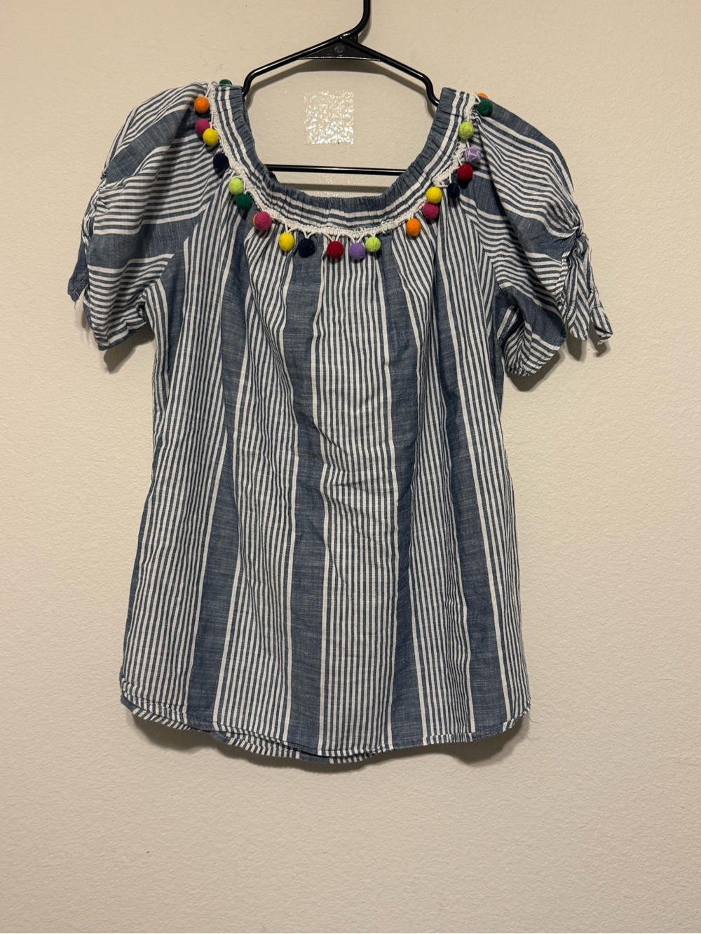 Blue & White Striped Off-Shoulder Top with Colorful Pom Trim